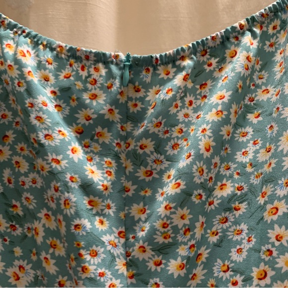 Blue Green Ditsy Floral Print Puff Sleeve Drawstring Self-Tie Ruched Bust Dress - Picture 5 of 16